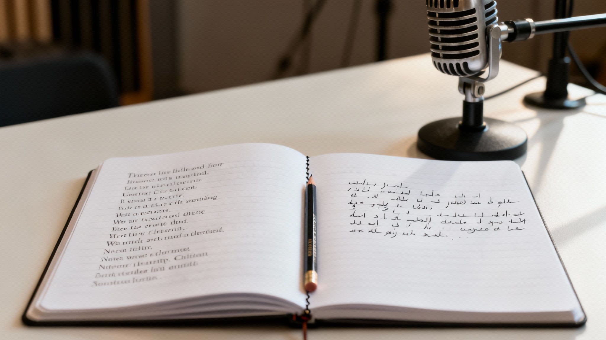 An open notebook with handwritten song lyrics and a pencil on a white table next to a microphone.