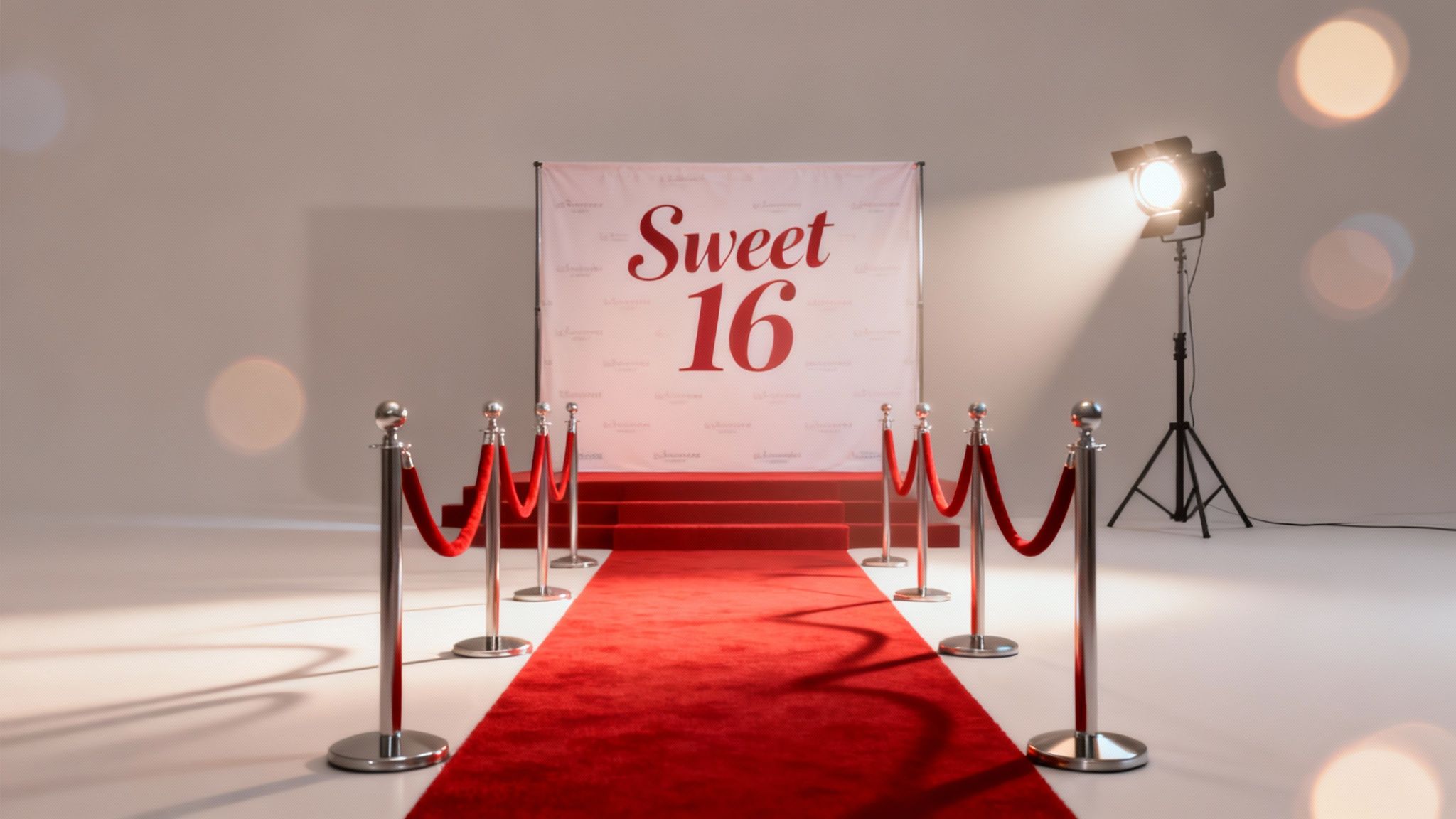 A red carpet leads to a white 'Sweet 16' backdrop, flanked by velvet ropes and a spotlight.