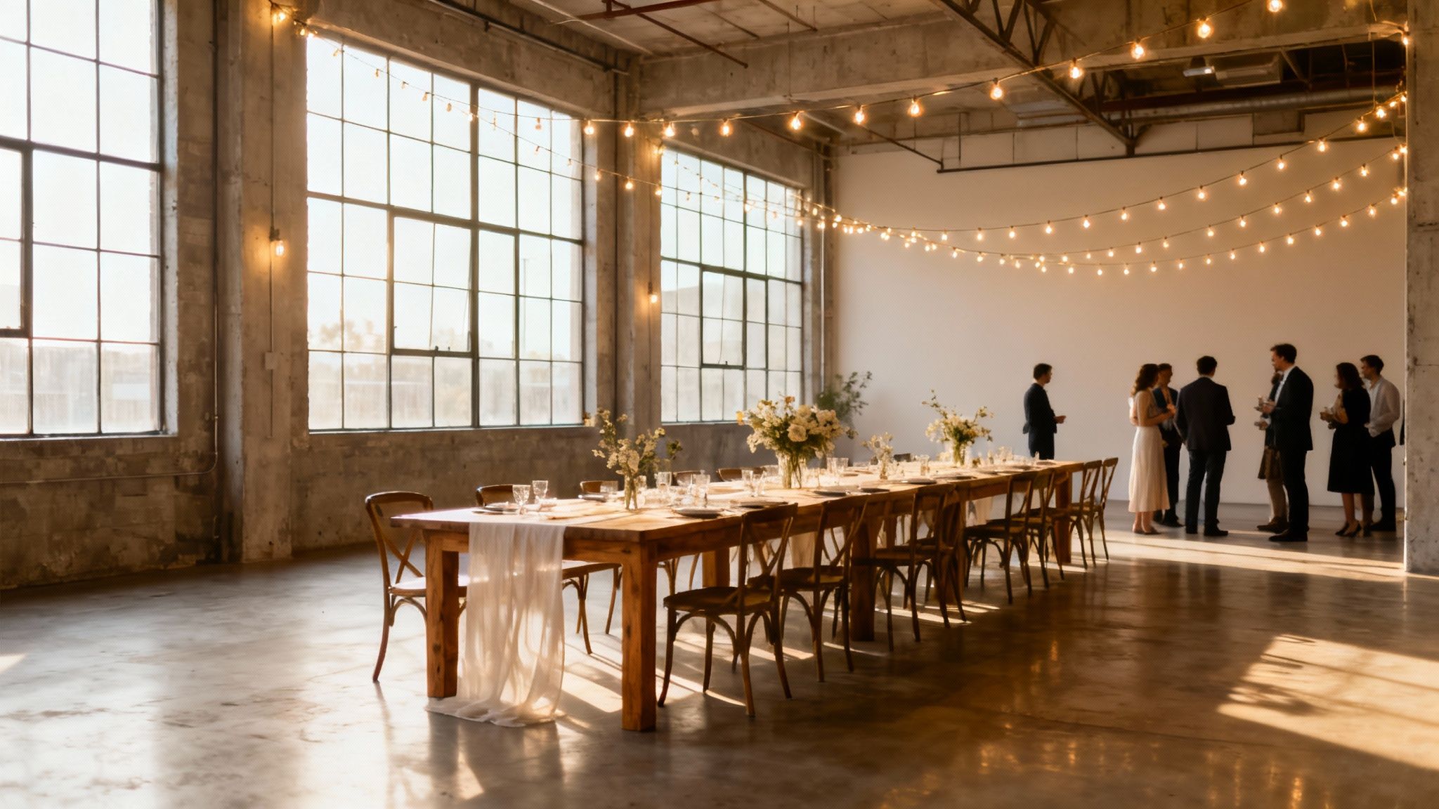 Industrial loft wedding reception with long wooden table, string lights, and elegant formal decor