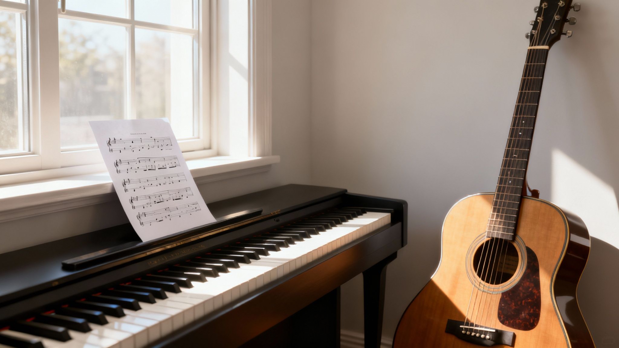 A warm indoor scene featuring a piano, sheet music, and an acoustic guitar bathed in sunlight.