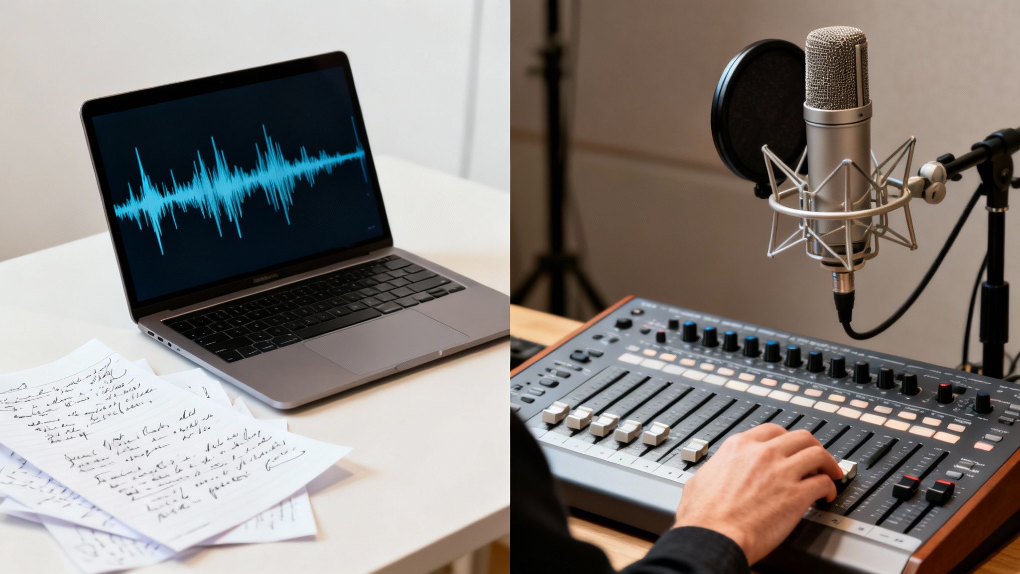A split image featuring a laptop with audio waveform and a hand operating a mixing console with a microphone.