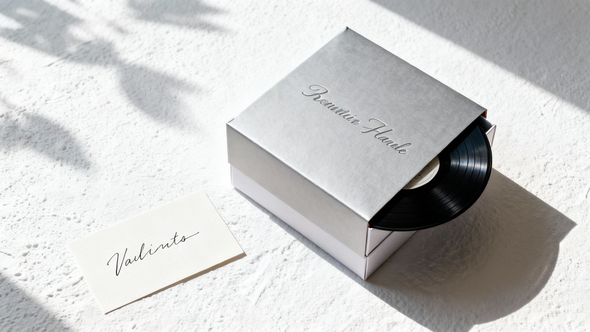 Une boîte argentée contenant un disque vinyle, à côté d'une carte manuscrite, sur une surface blanche texturée.