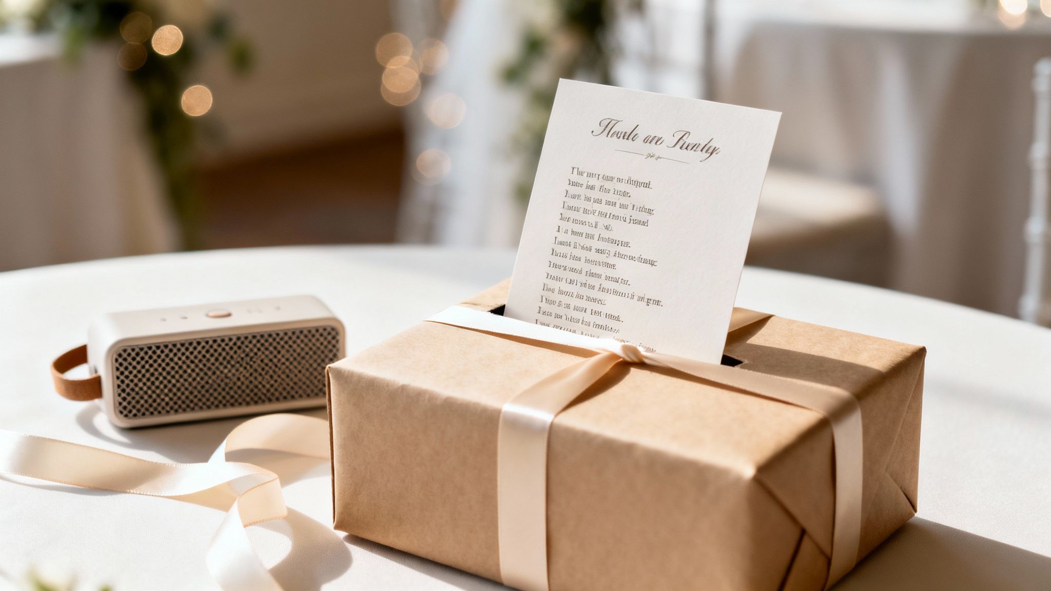 Une boîte cadeau marron avec un ruban doré, une carte avec un poème et une enceinte portable sur une table blanche.