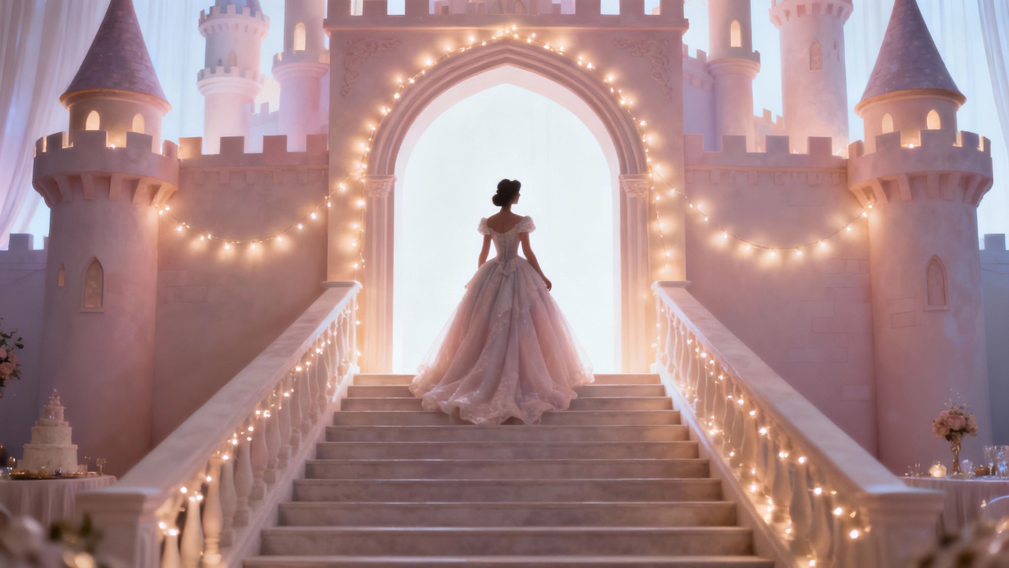 Elegant woman in a ball gown ascending a brightly lit staircase towards a grand castle archway.