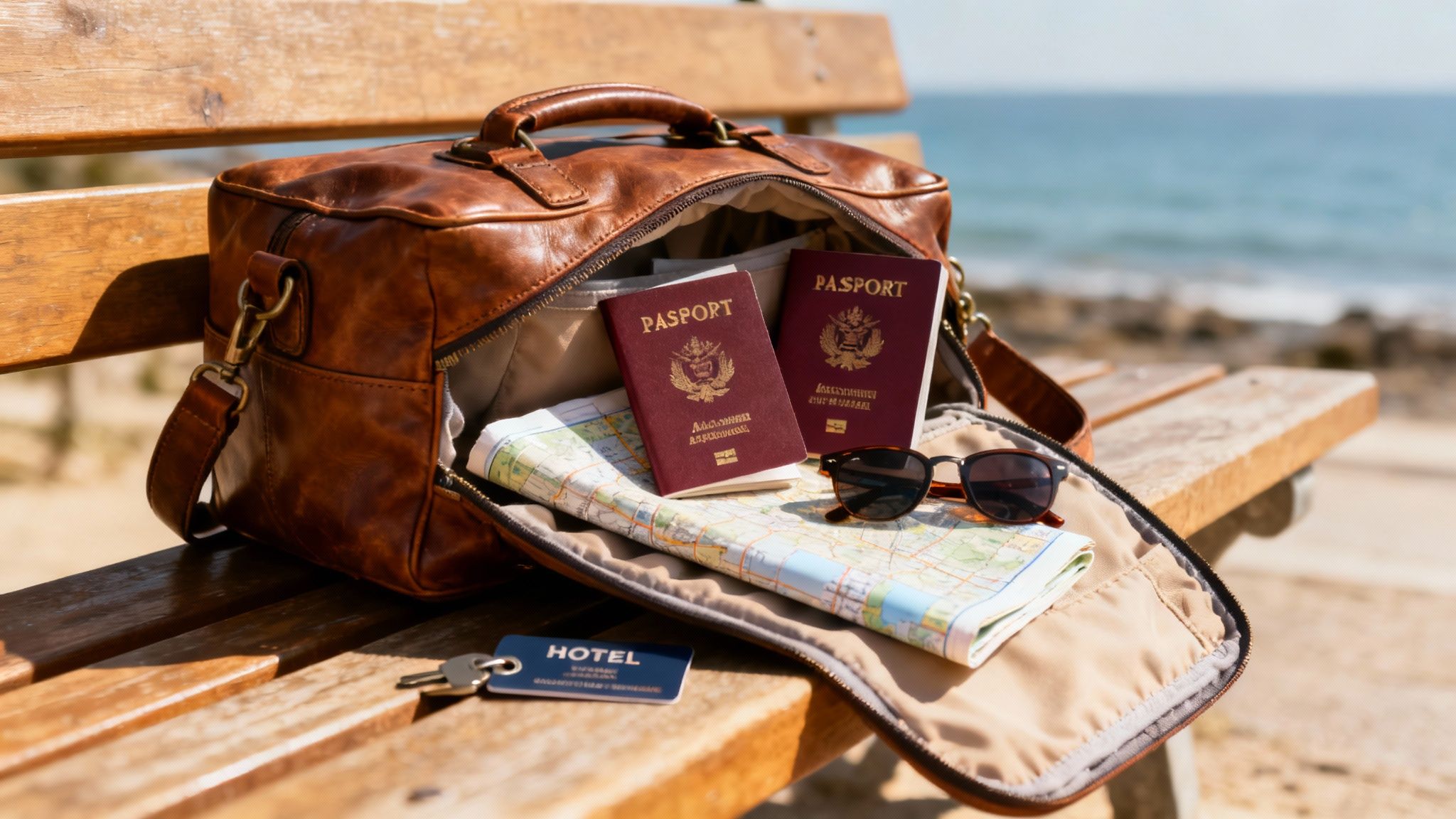 Brown leather travel bag with passports, map, sunglasses and hotel key on wooden bench by ocean