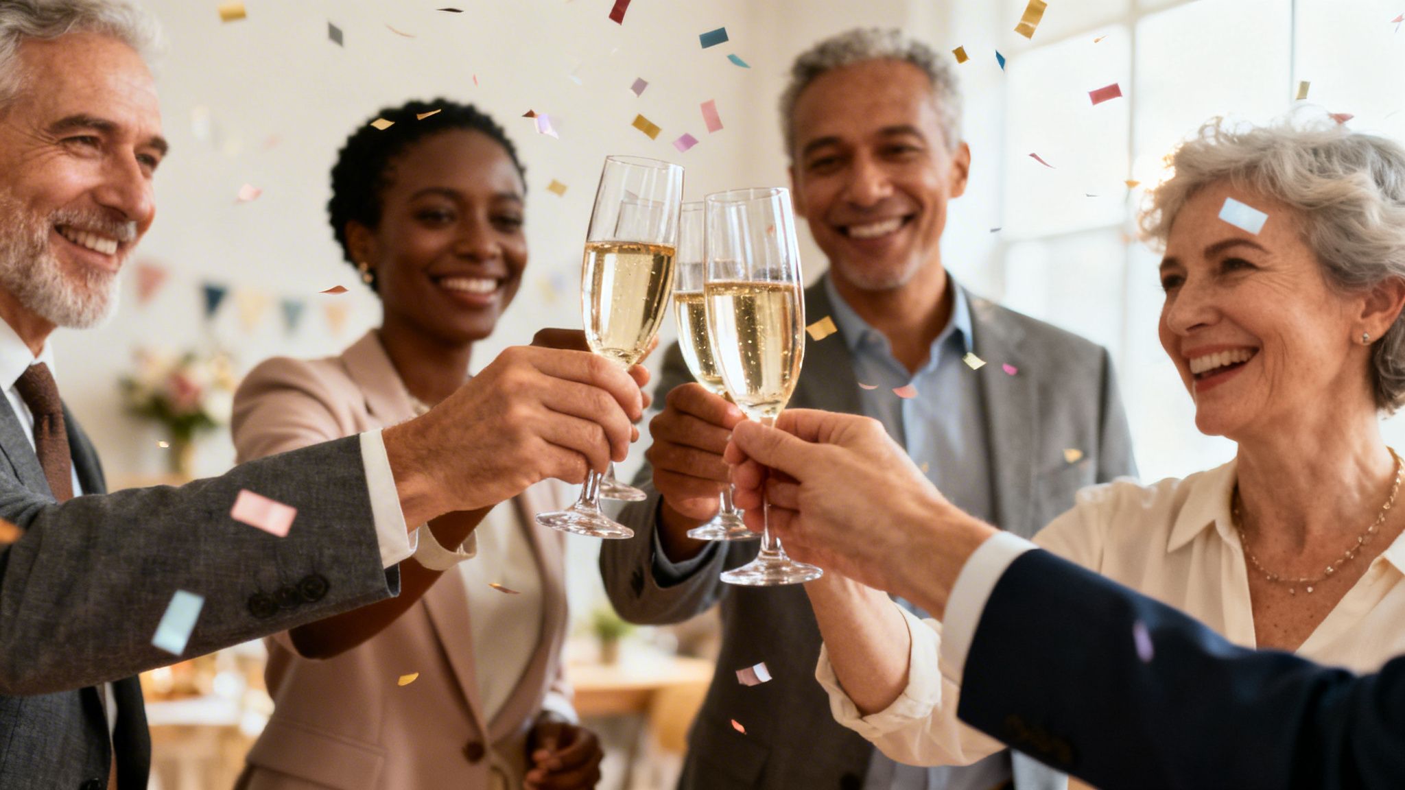 Eine bunte Gruppe lächelnder Menschen stößt unter herabfallenden Konfetti mit Champagnergläsern an und feiert ausgelassen.