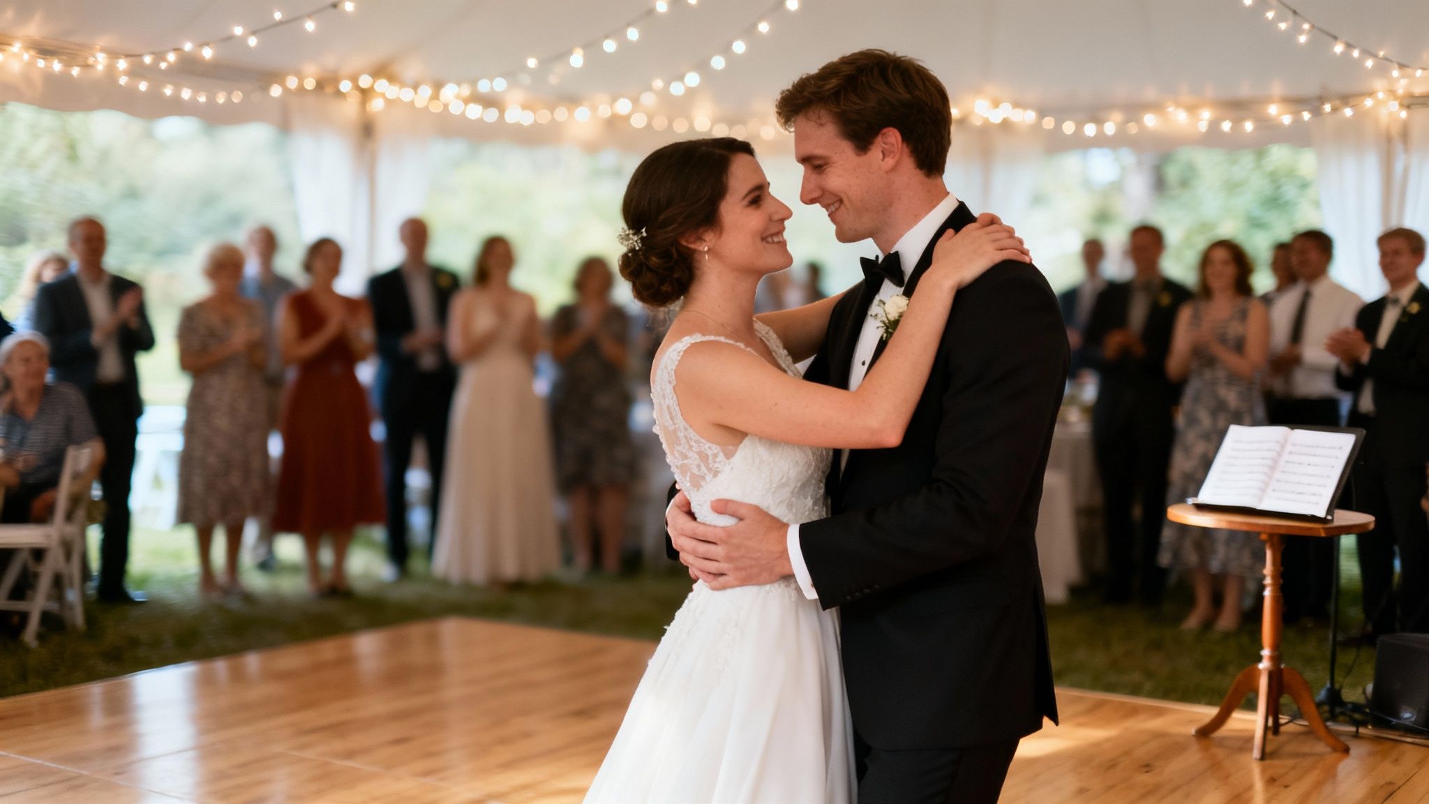 Les jeunes mariés, rayonnants de bonheur, partagent leur première danse lors d'une réception de mariage en plein air avec leurs invités.