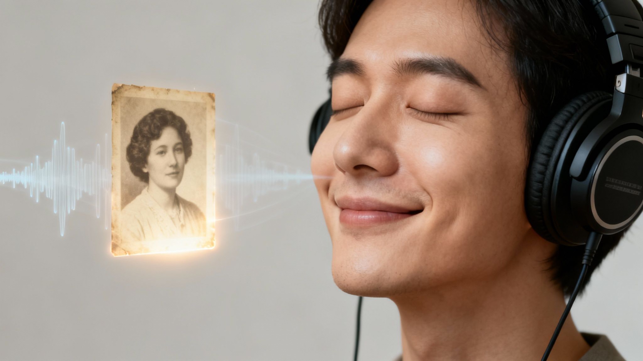 Smiling man with headphones listening to a loved one's voice from a glowing vintage photo.