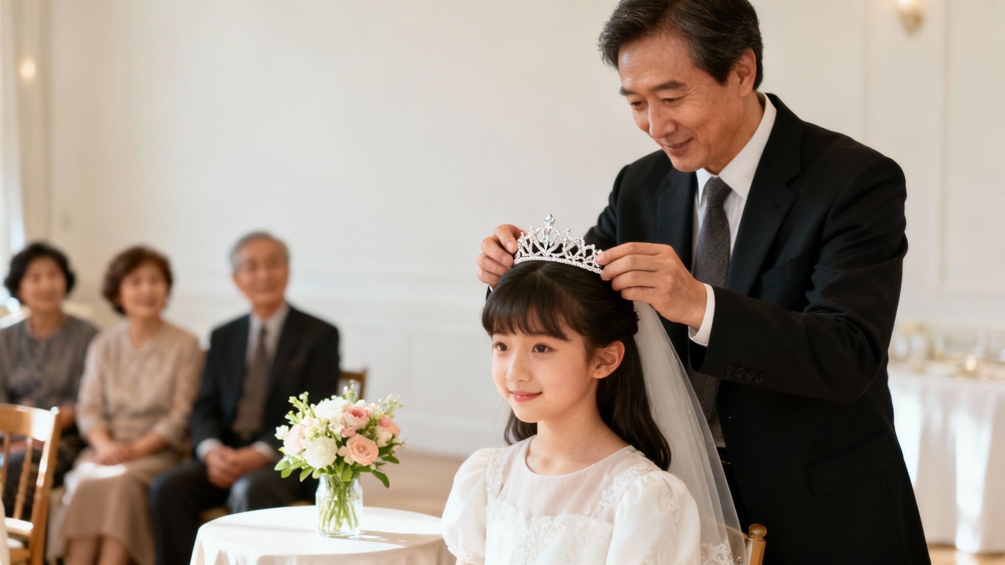 A smiling man gently places a sparkling tiara on a young girl wearing a white dress and veil.