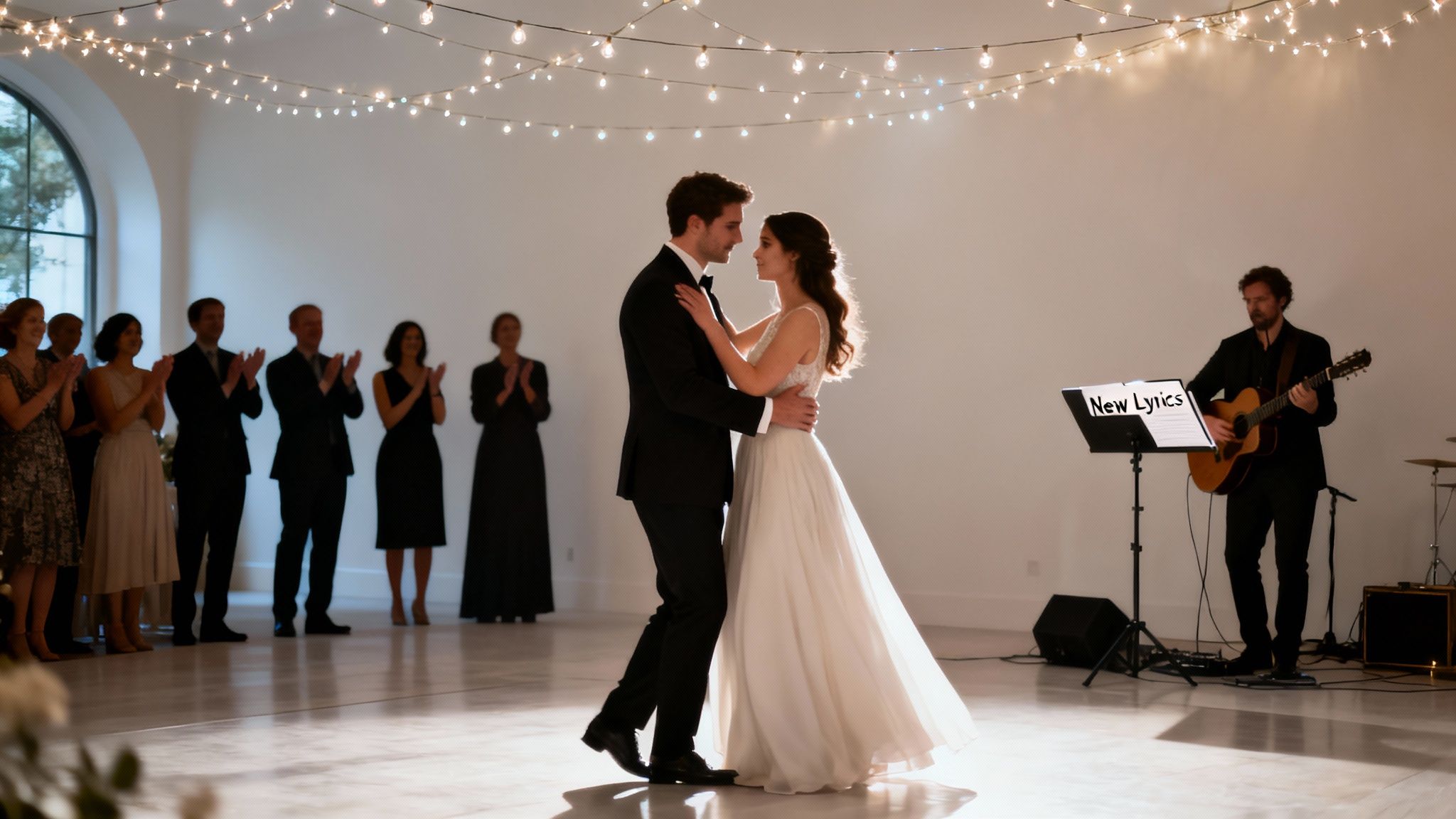 Un couple de jeunes mariés danse sa première danse lors d'un mariage, sous les applaudissements des invités et au son d'un musicien.