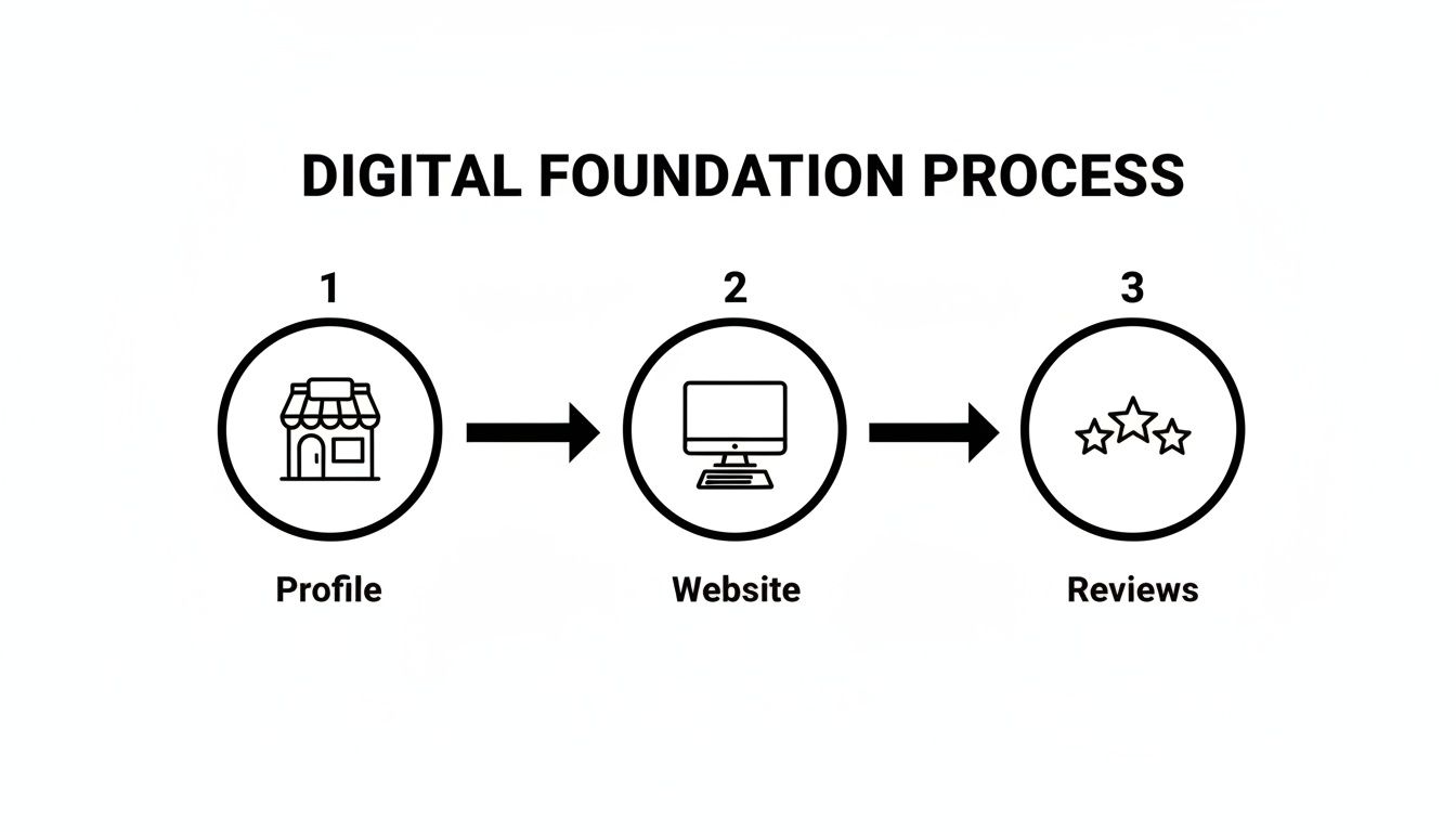 Diagram illustrating the digital foundation process with three steps: Profile, Website, and Reviews, connected by arrows.