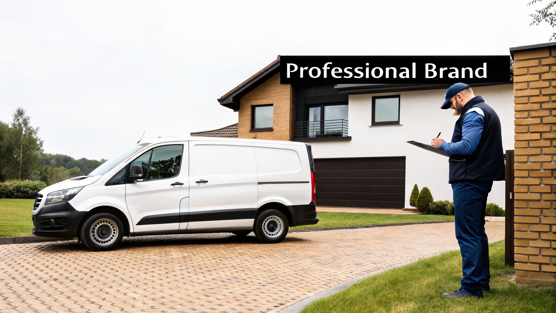 A delivery man in blue uniform signs a document by a white delivery van parked at a modern house.
