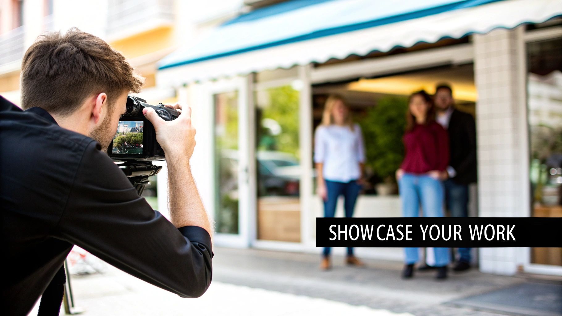 A male photographer takes pictures of three models outside a storefront, showcasing his work.