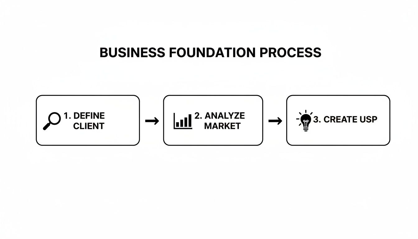 A diagram illustrating the three steps of a business foundation process: Define Client, Analyze Market, and Create USP.