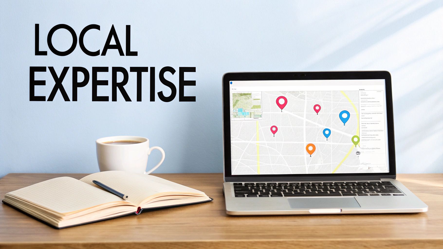 A laptop displaying a map with colorful location pins, a coffee, a notebook, and 'LOCAL EXPERTISE' text.