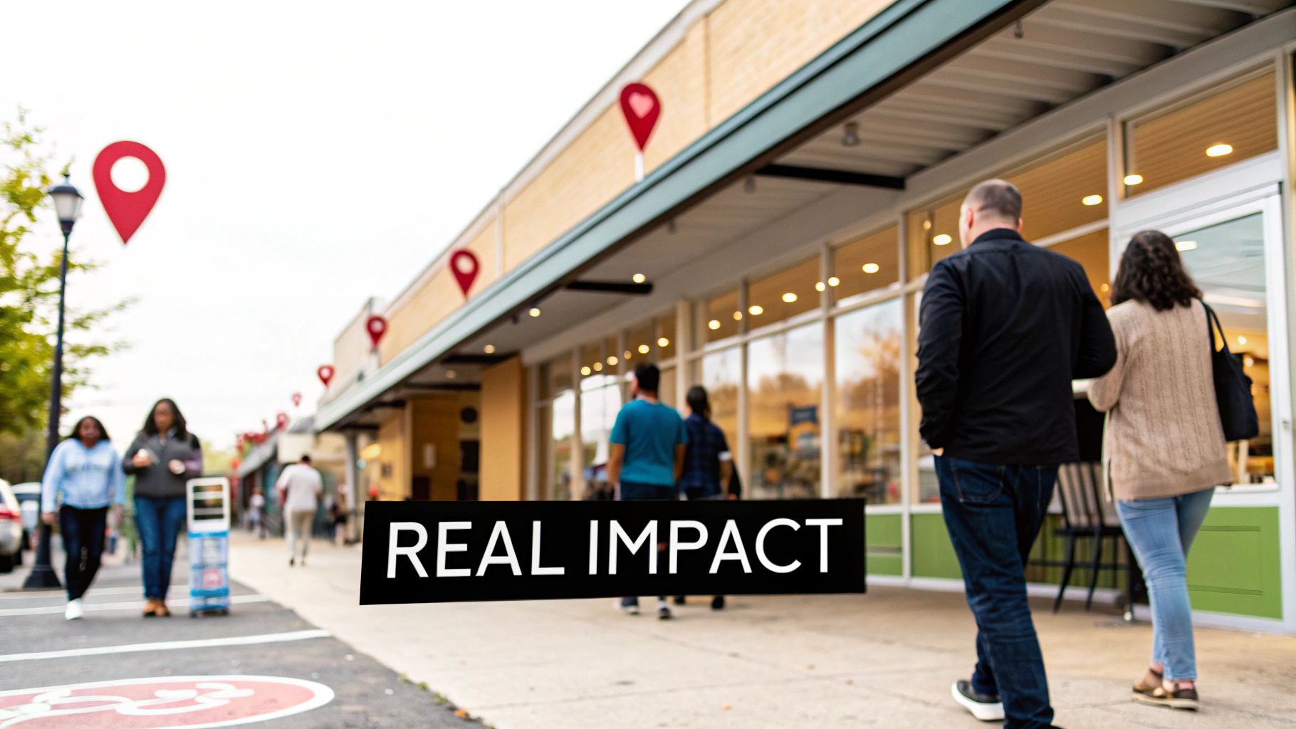 People walk past storefronts adorned with red map pins, featuring a 'REAL IMPACT' banner.