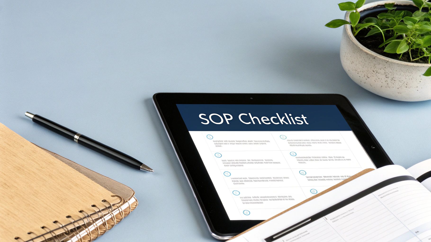Tablet displaying an SOP Checklist on a light blue desk with a pen, notebook, and plant.