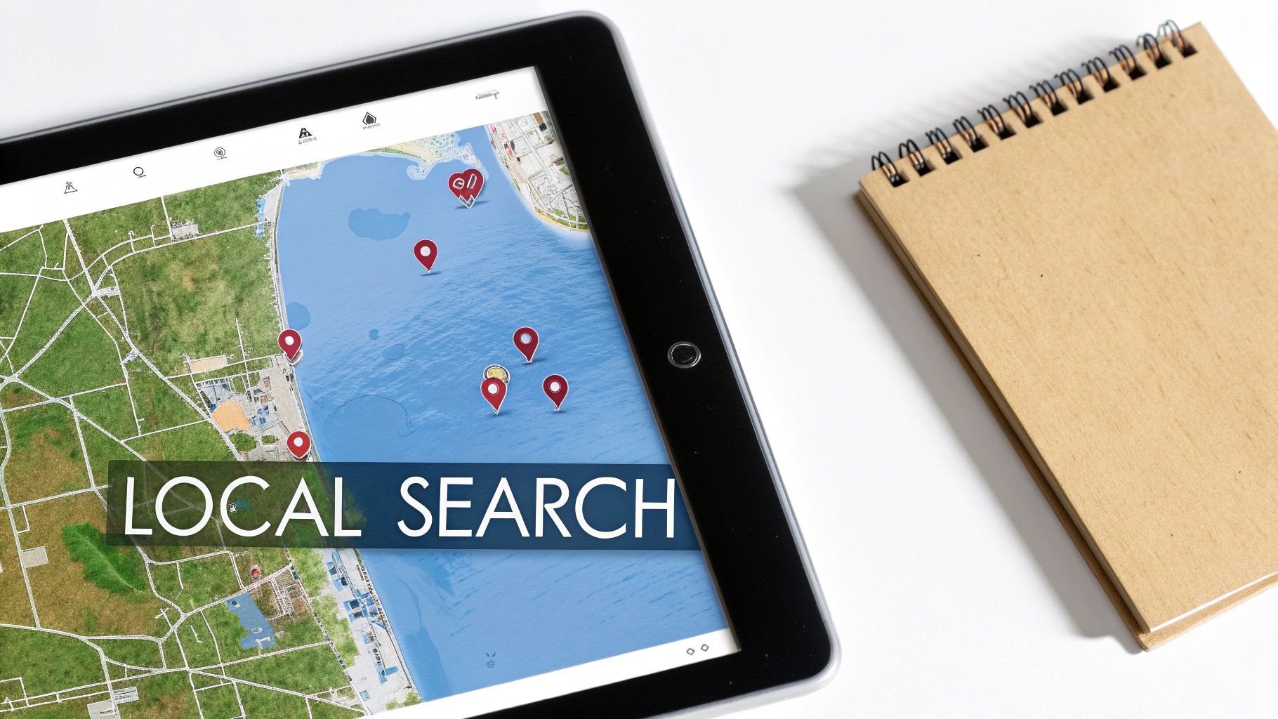 A tablet displays a map with red location pins and 'LOCAL SEARCH' text, next to a notepad.