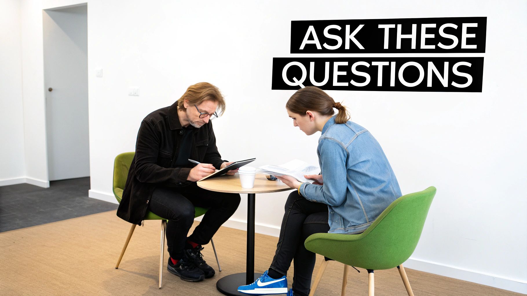 Two people, a man and a woman, are discussing at a table with text "ASK THESE QUESTIONS" on the wall.