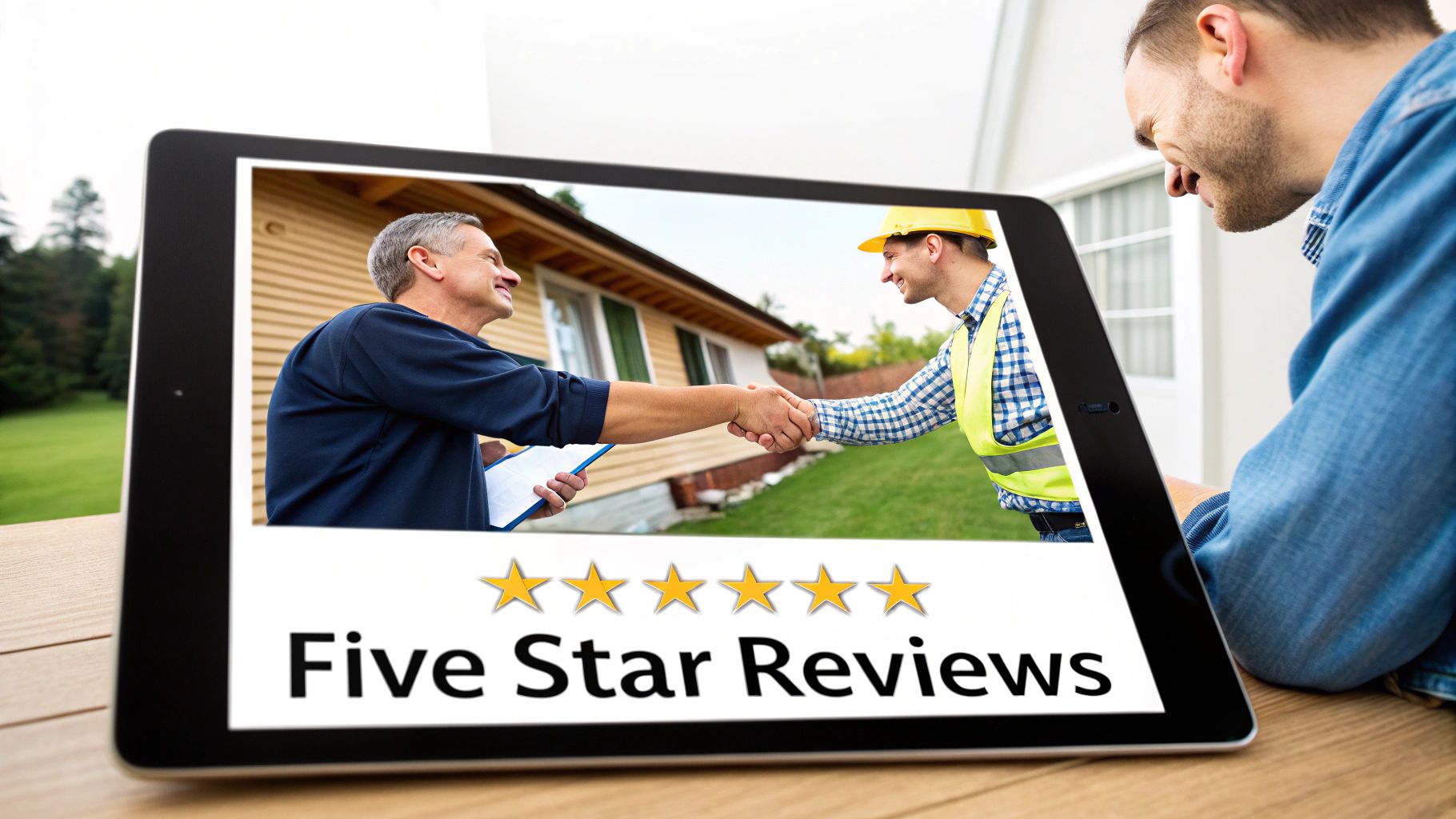 Tablet displaying two men shaking hands with a five-star review graphic, highlighting excellent contractor service.