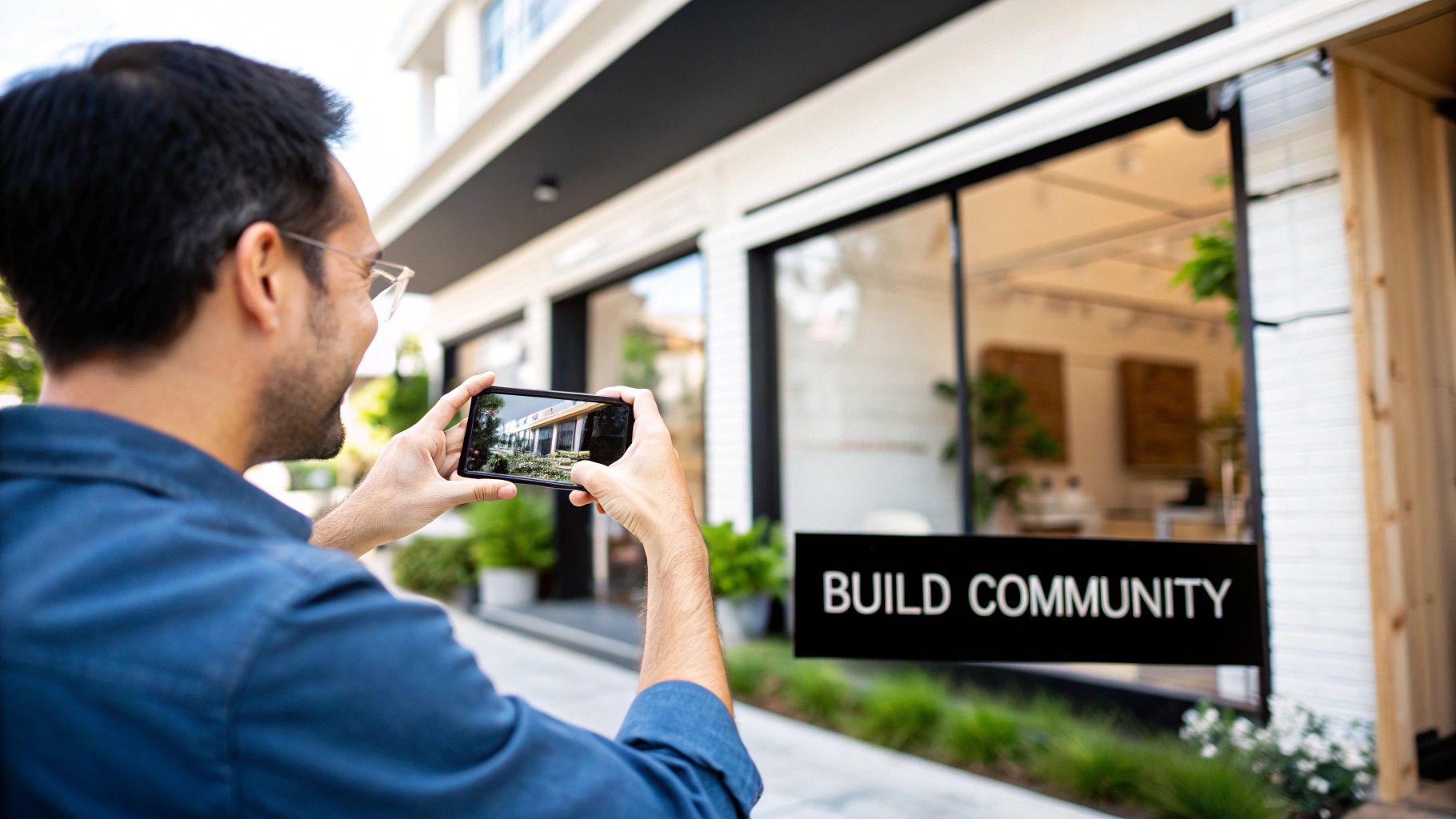 A man takes a photo of a building with a 'BUILD COMMUNITY' sign on his smartphone.