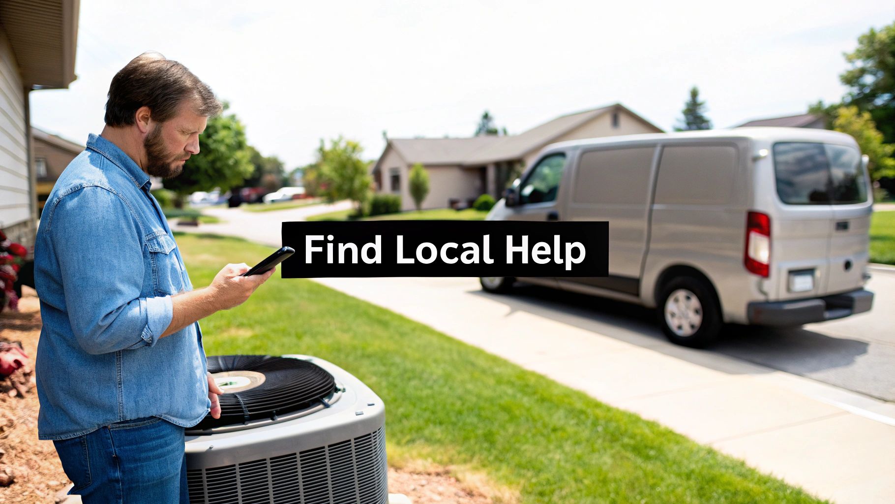 A homeowner uses a smartphone next to an AC unit, looking to find local contractors for repair services.