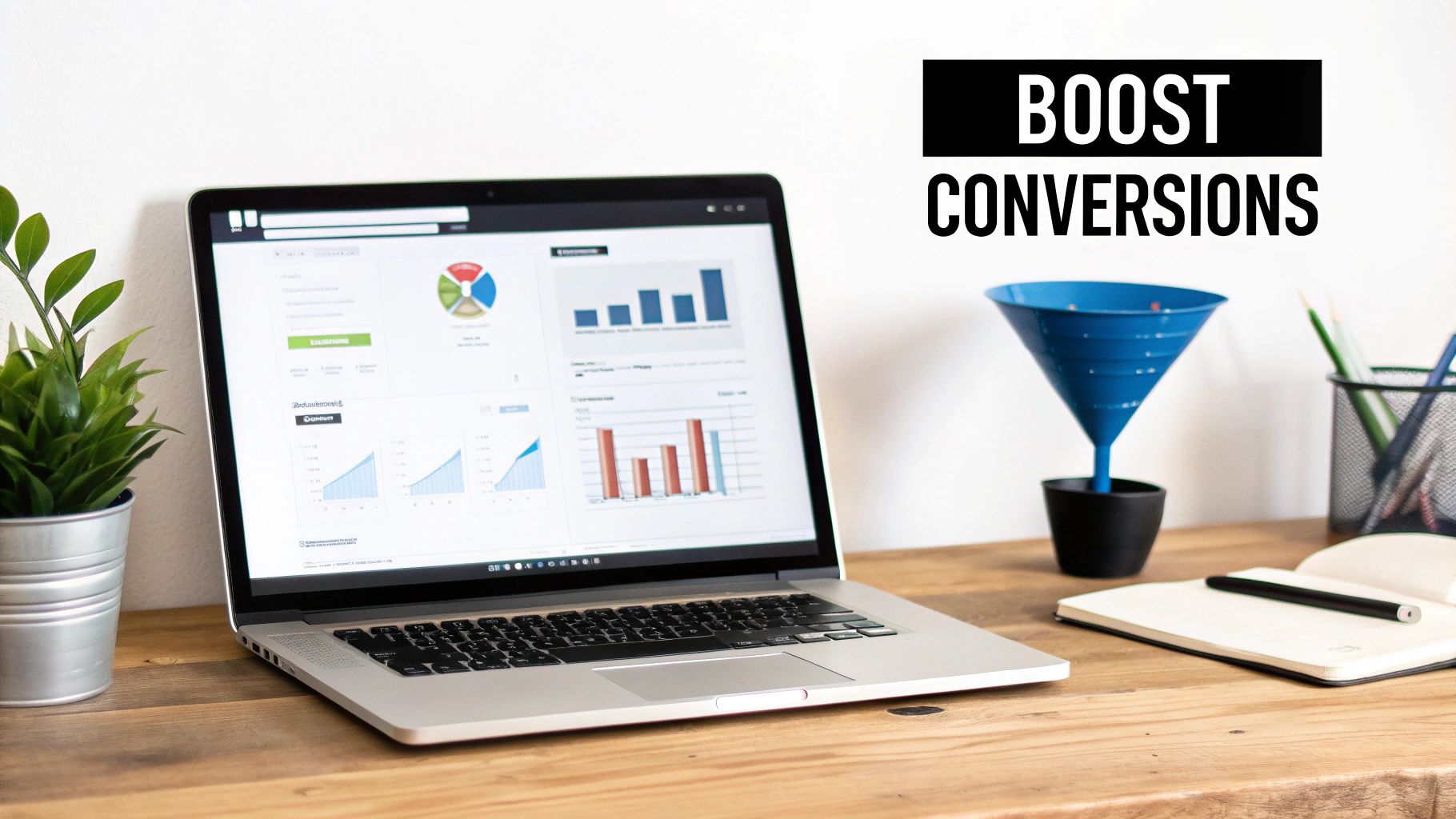 Digital marketing workspace with a laptop displaying analytics, a plant, and a blue conversion funnel, promoting 'BOOST CONVERSIONS'.