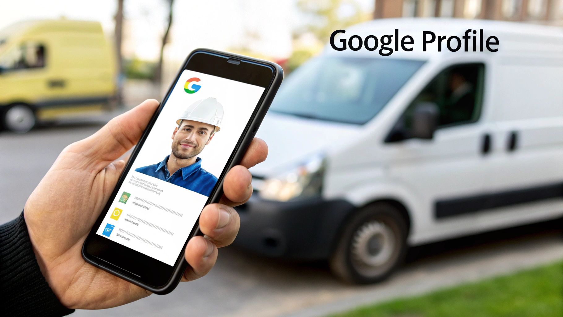 A hand holds a smartphone displaying a contractor's Google Profile, with a white service van behind.