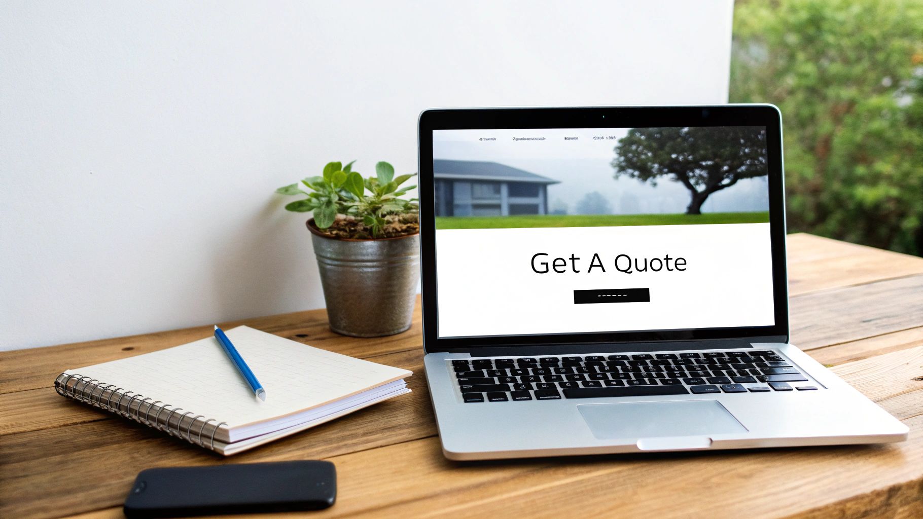 A laptop displaying 'Get A Quote' on a wooden desk with a plant, notebook, pen, and smartphone.