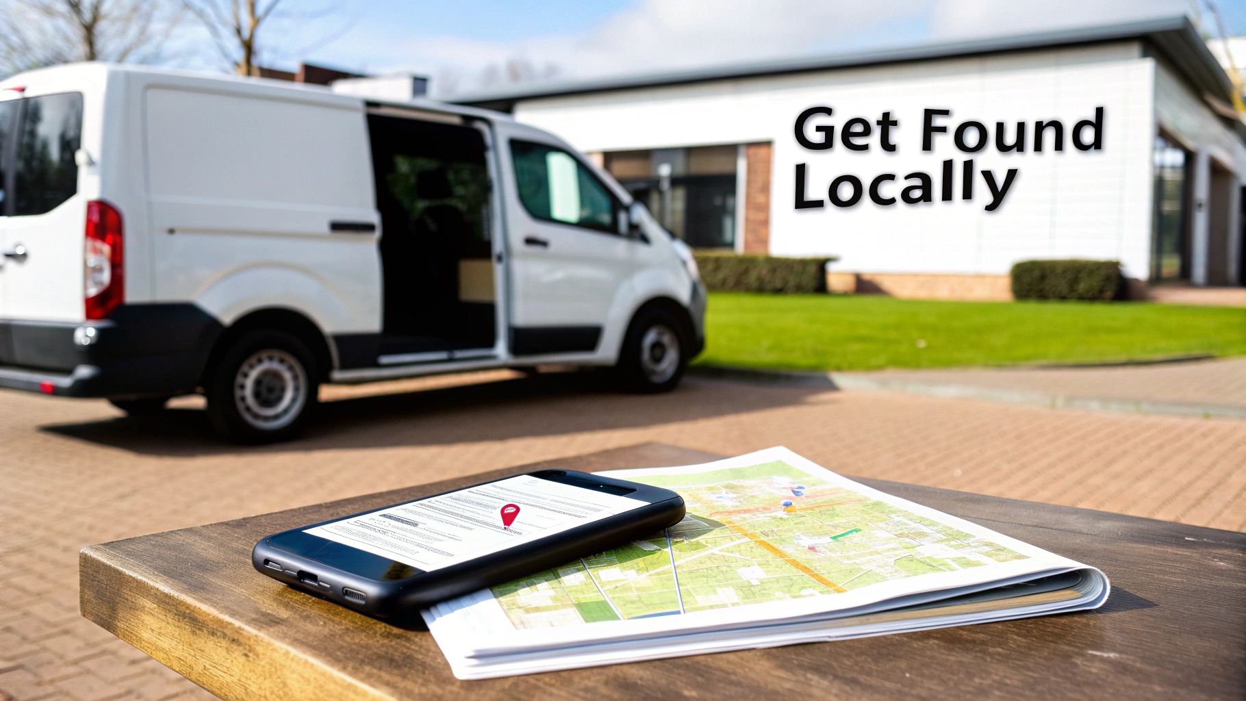 A delivery van, smartphone with a map app, and a paper map, symbolizing local business visibility.