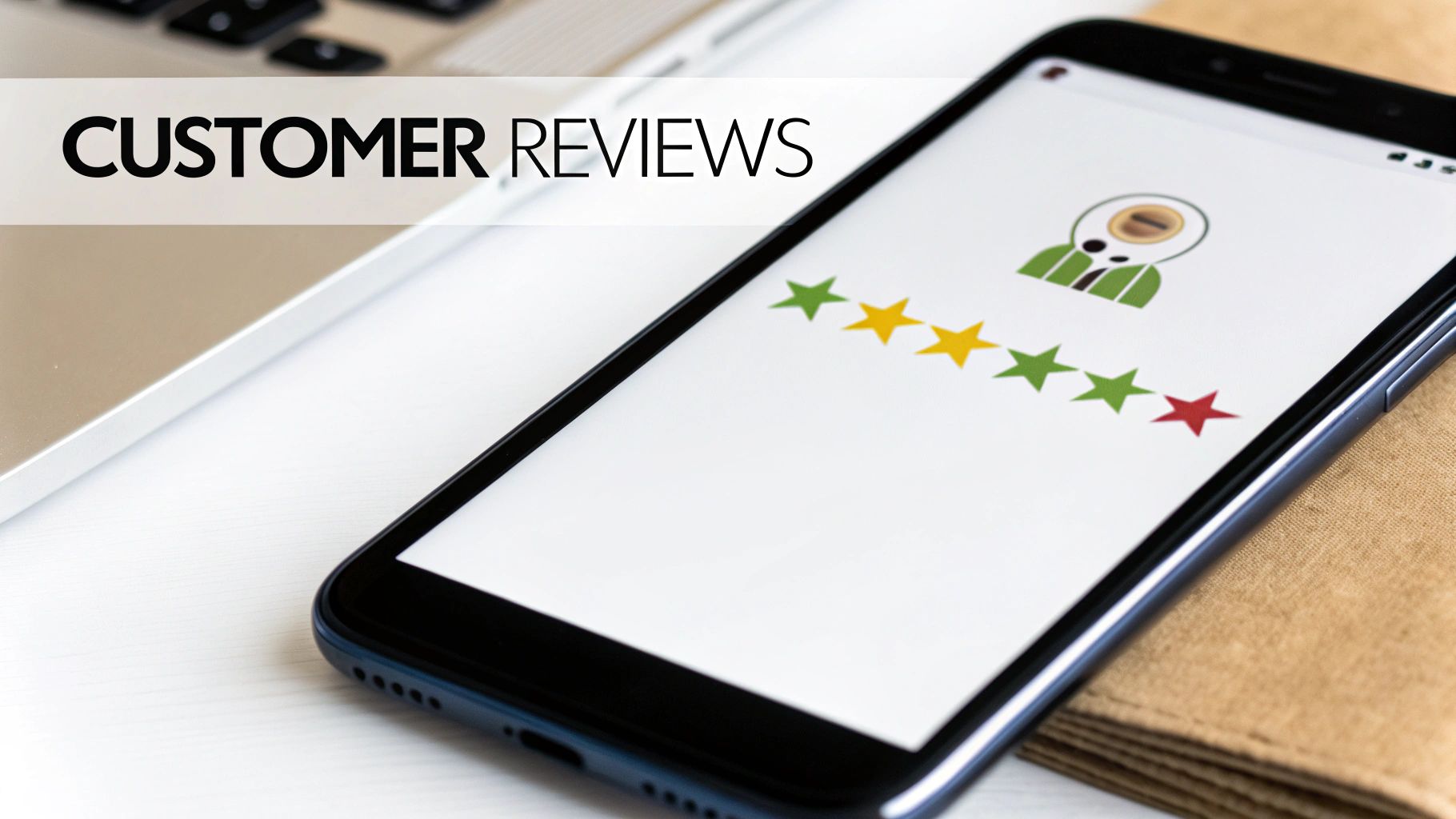 A smartphone displays customer reviews with a five-star rating, including yellow, green, and red stars.