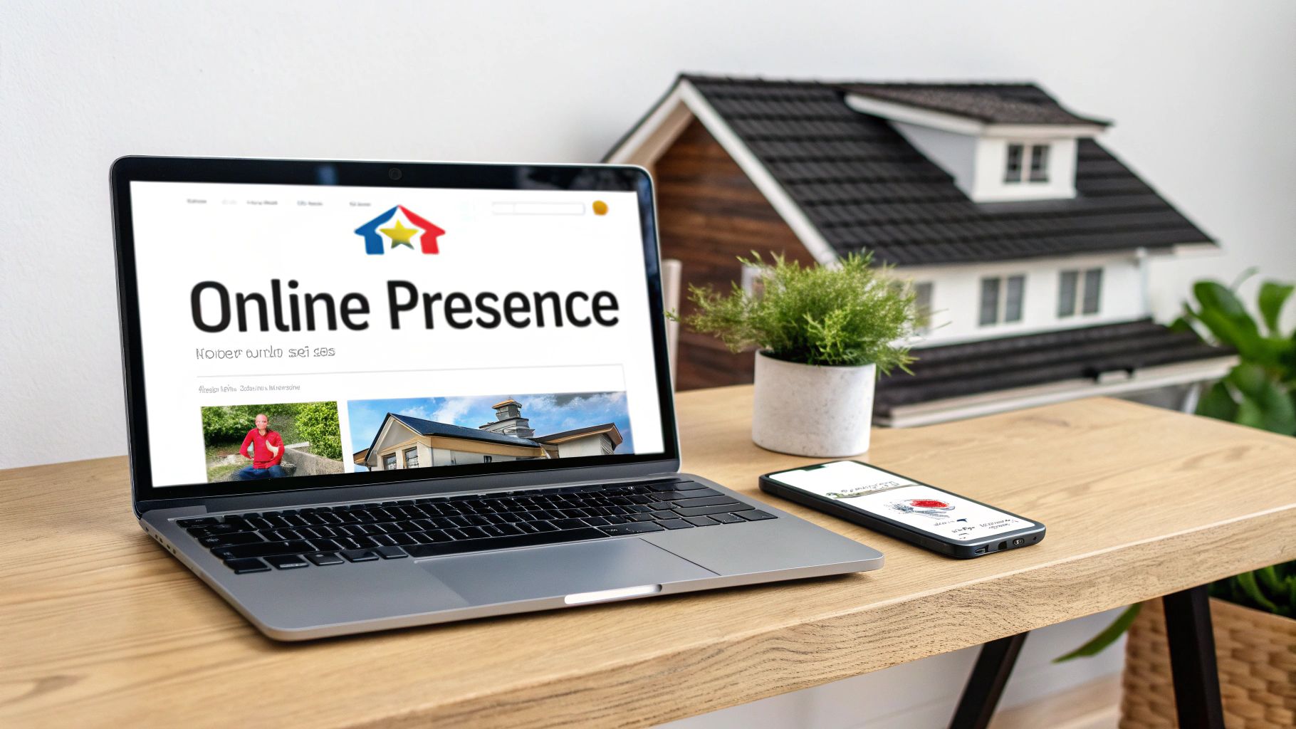 A laptop displaying an 'Online Presence' website with a house logo, a model house, and a smartphone on a desk.