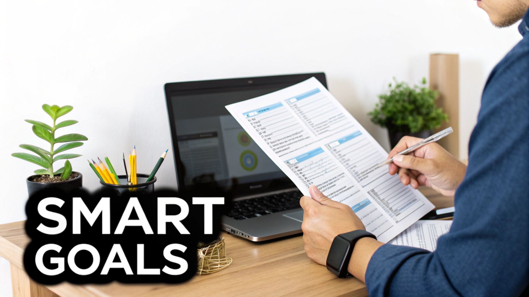 A person works on SMART GOALS, reviewing a document at a desk with a laptop and plants.