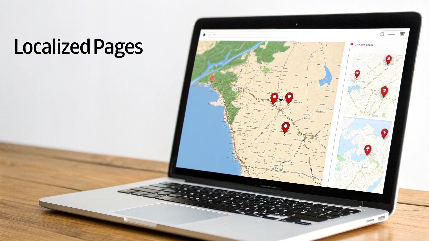 A laptop displays a map with multiple red location pins, next to the text "Localized Pages".