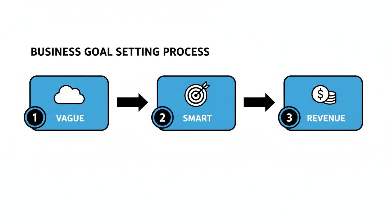 A diagram illustrating the business goal setting process from vague ideas to SMART goals and revenue.