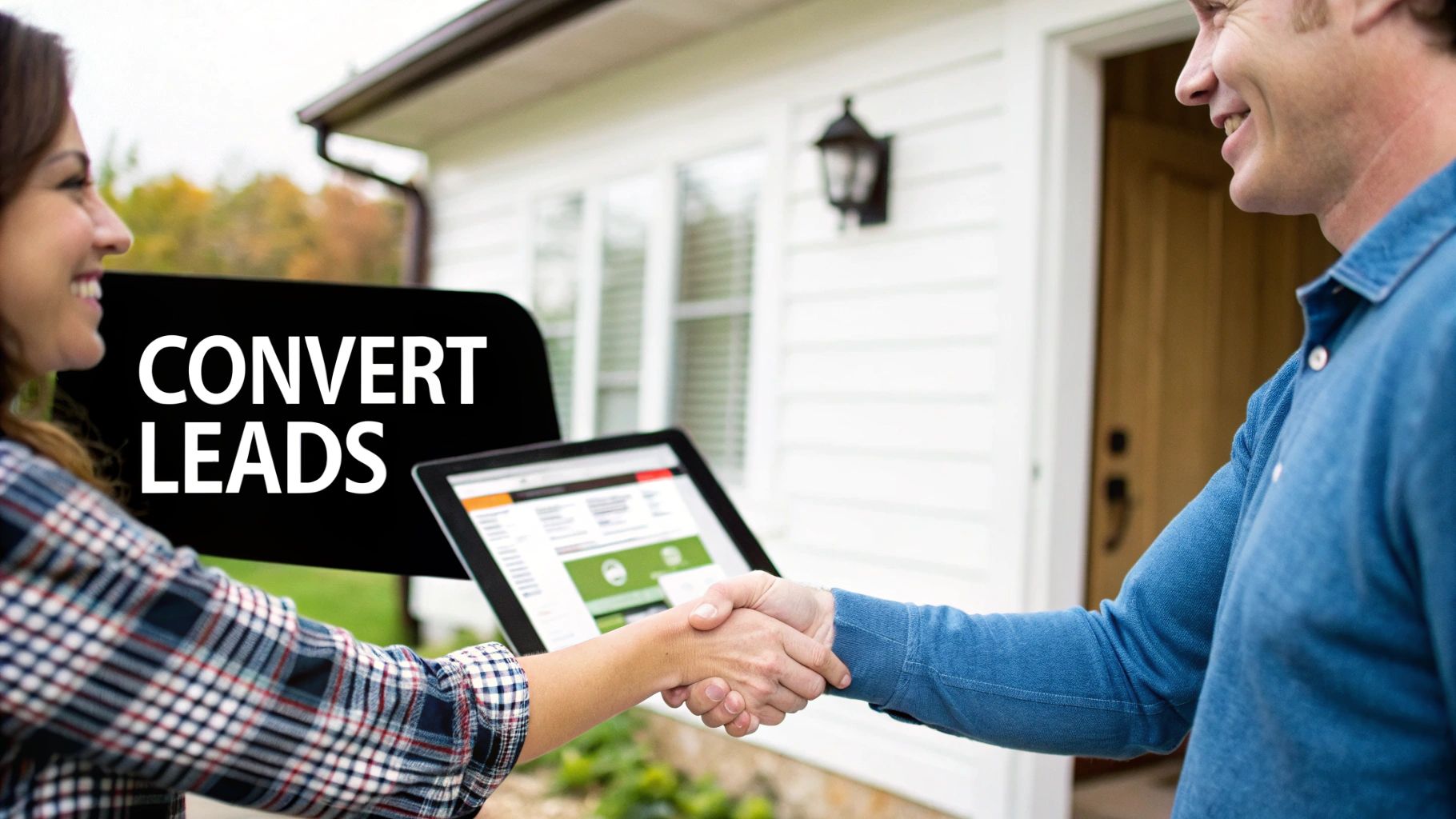 Smiling professionals shaking hands in front of a house, with a tablet displaying 'CONVERT LEADS'.