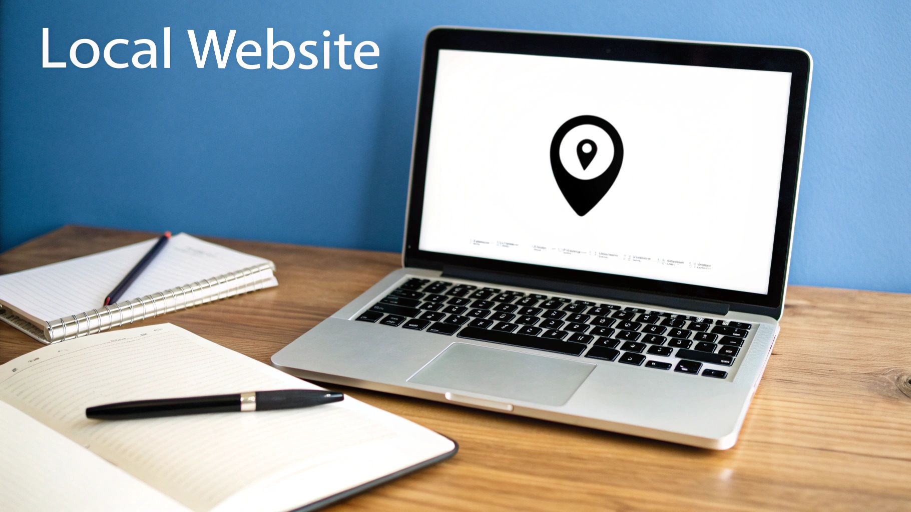 Laptop displaying a location pin icon, with notebooks and pens on a wooden desk, representing a local website.