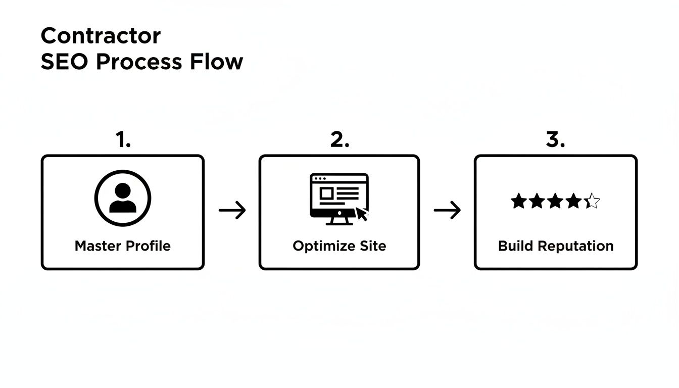 Contractor SEO process flow diagram illustrating steps: master profile, website optimization, and reputation building.