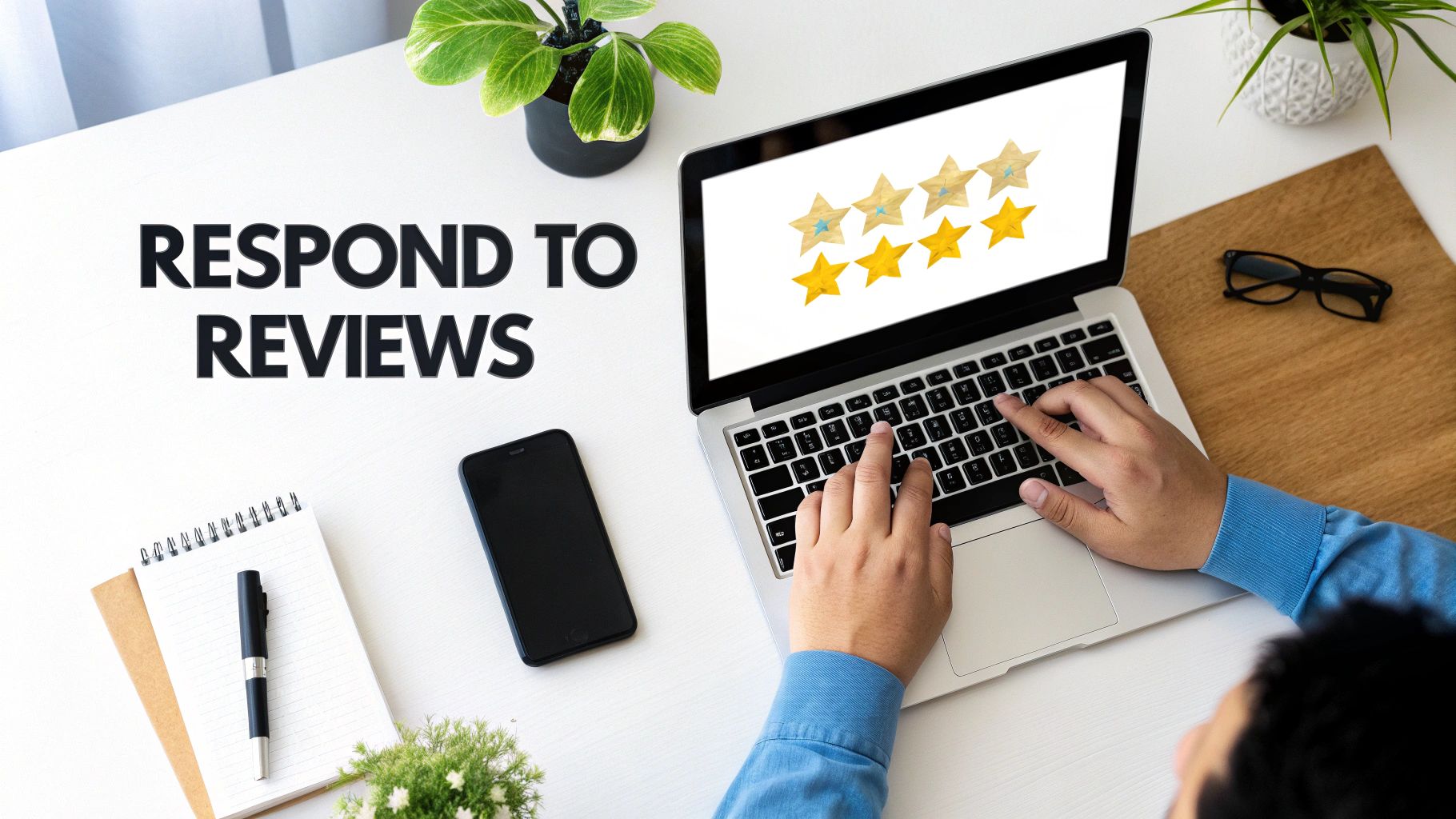 Person typing on a laptop with star ratings and 'RESPOND TO REVIEWS' text on a desk.