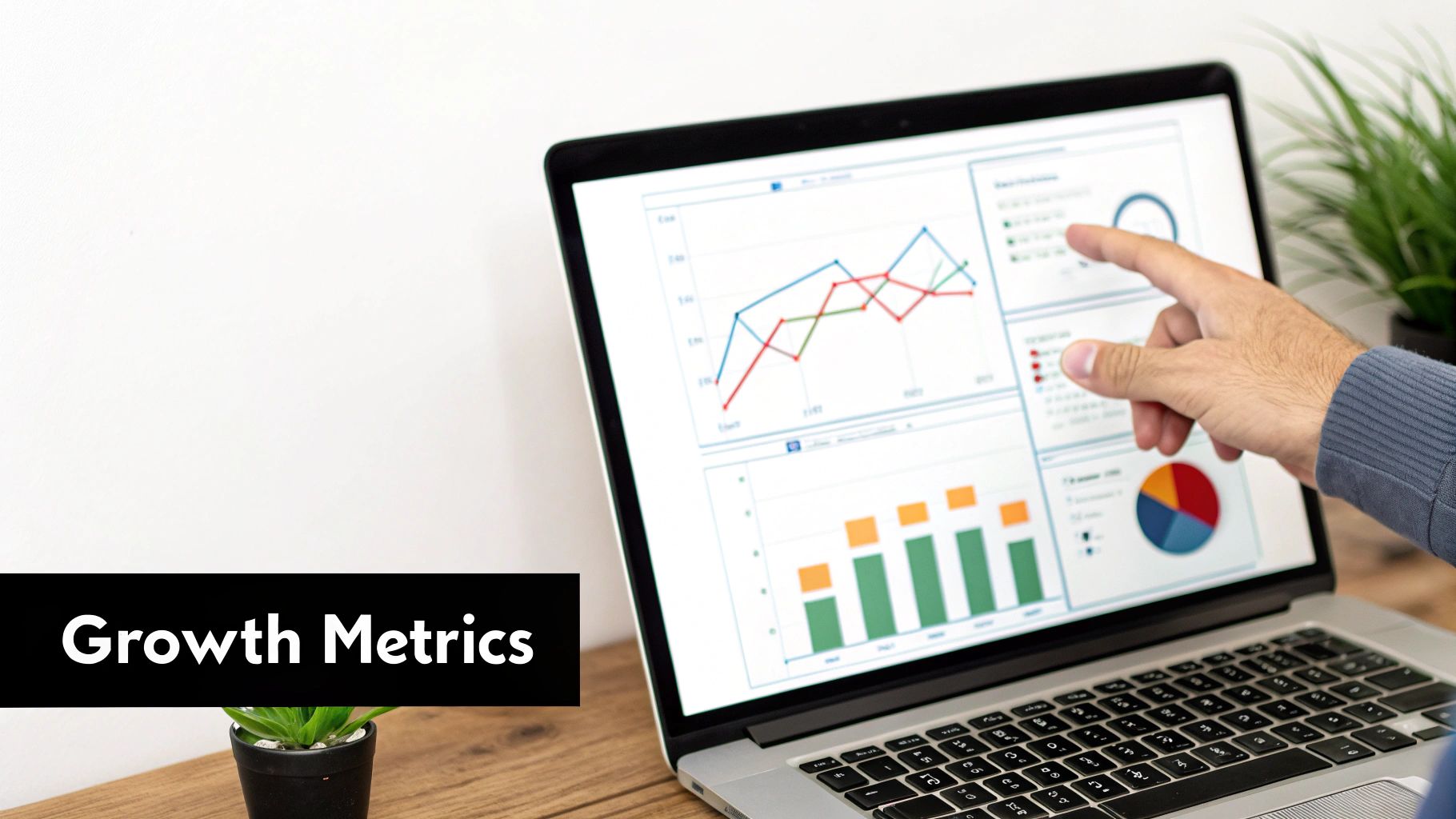 A person's hand pointing at a laptop screen displaying various charts and graphs for growth metrics.