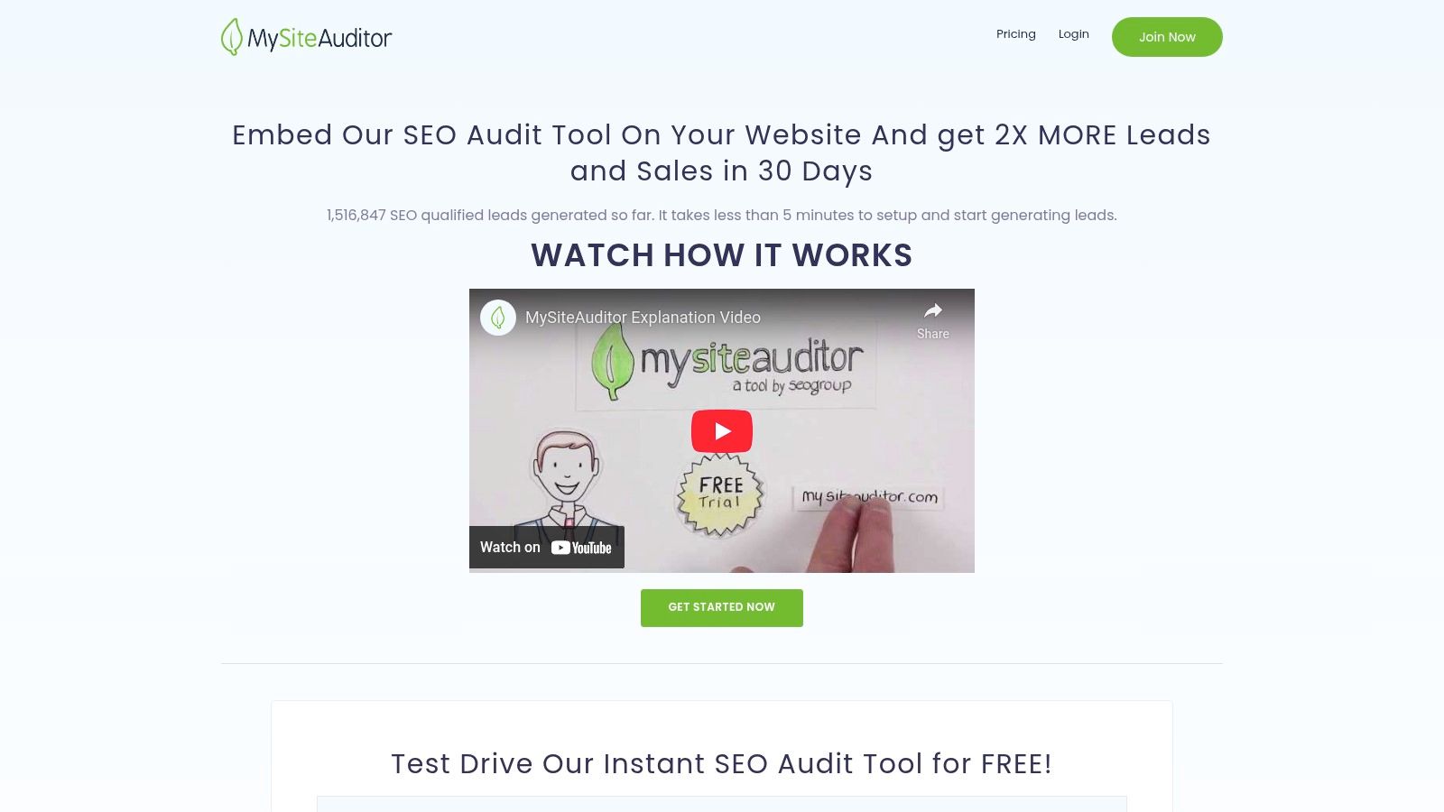 MySiteAuditor's embeddable SEO audit tool, designed for lead generation on agency websites.