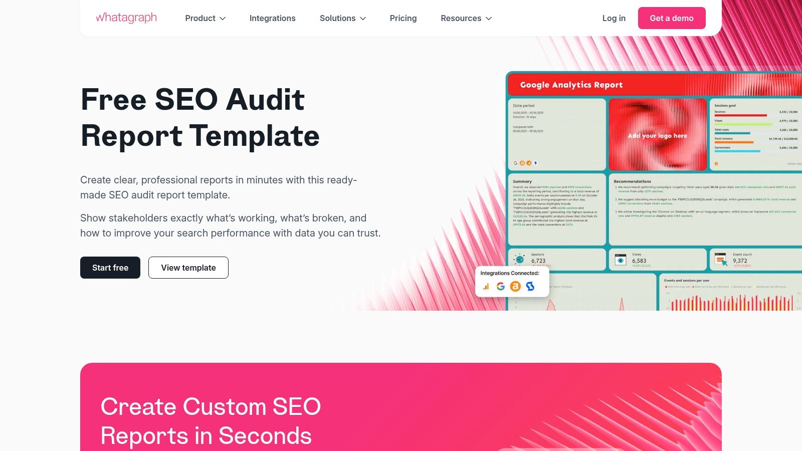 Whatagraph's SEO audit report template showcasing data widgets and visual layouts.