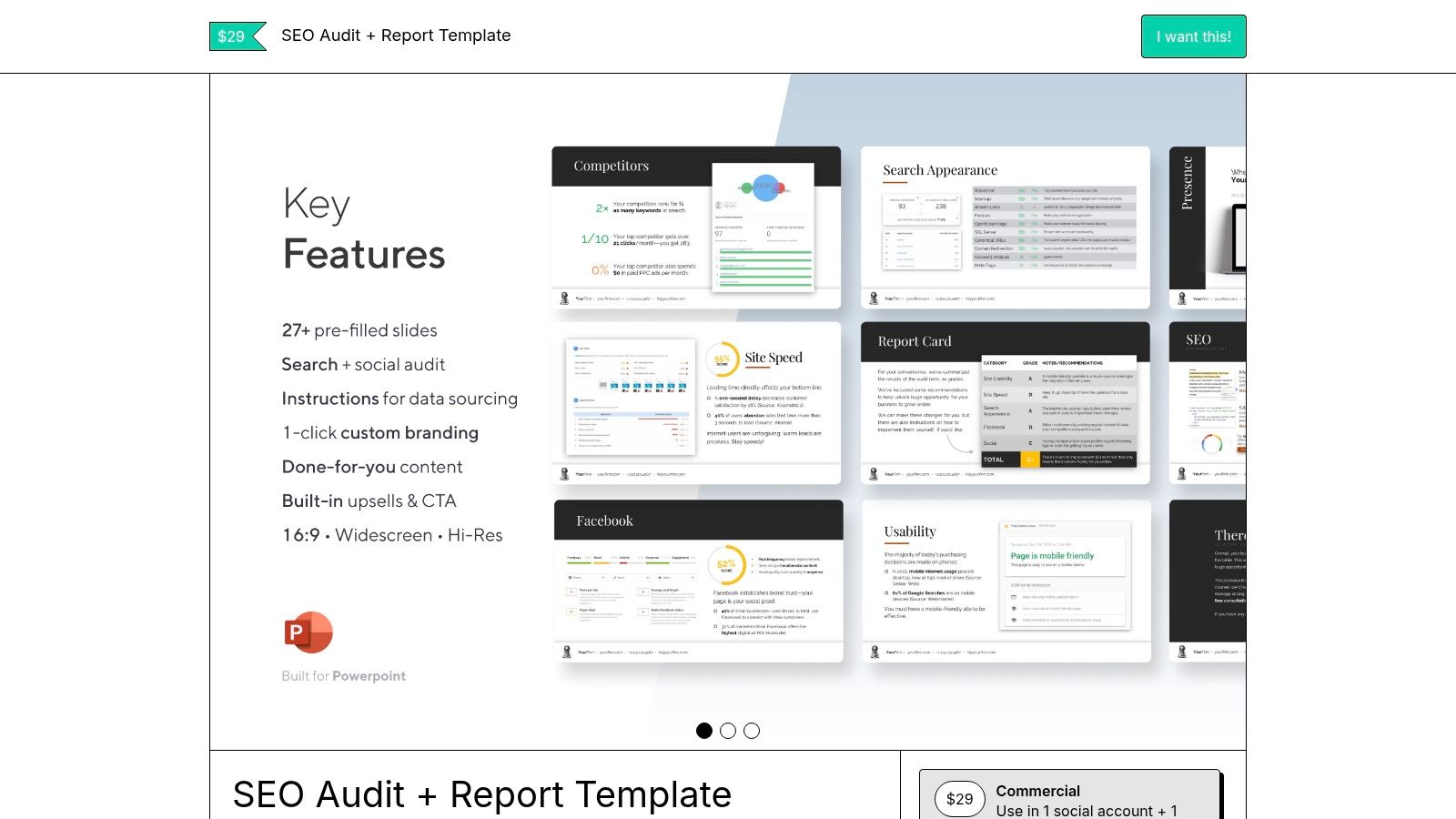 A slide from the vip.graphics SEO Audit + Report Template on Gumroad, showing an overview section with a clean, professional design.