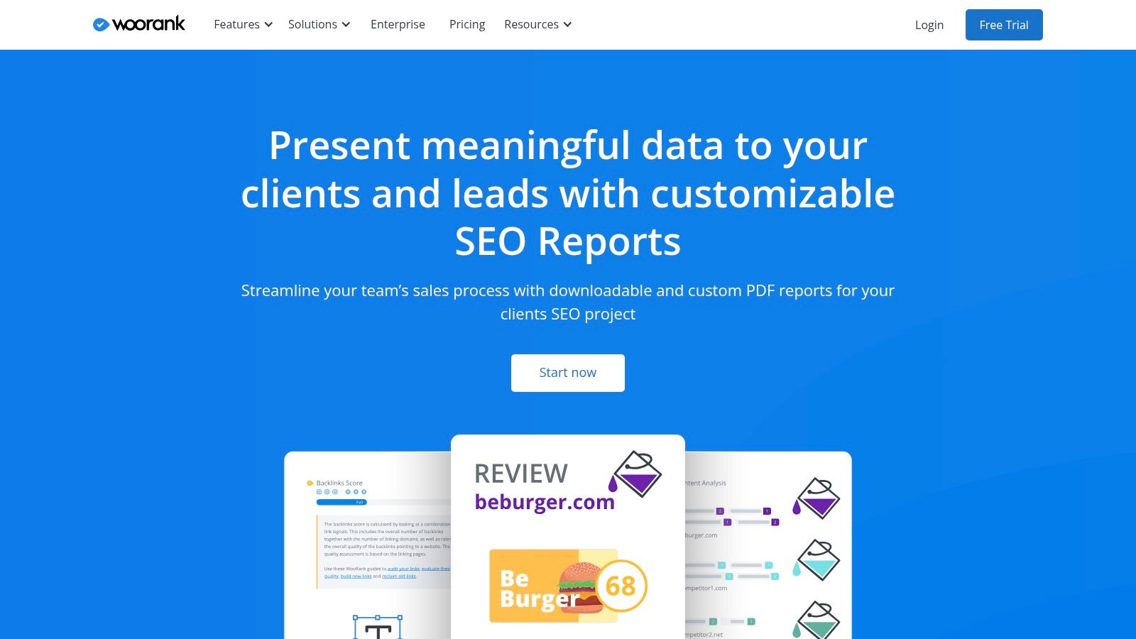 A sample of a WooRank SEO audit report, showcasing a branded header and sections for SEO, Mobile, and Usability.