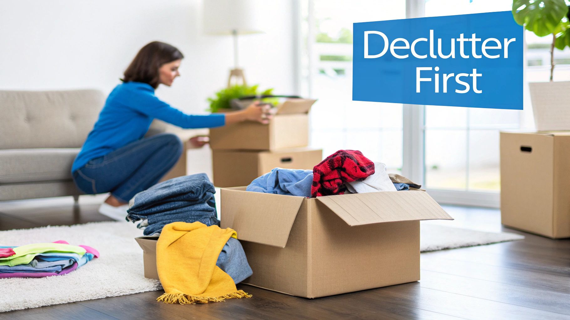 A woman packs clothes into moving boxes for relocation, with a 'Declutter First' sign.