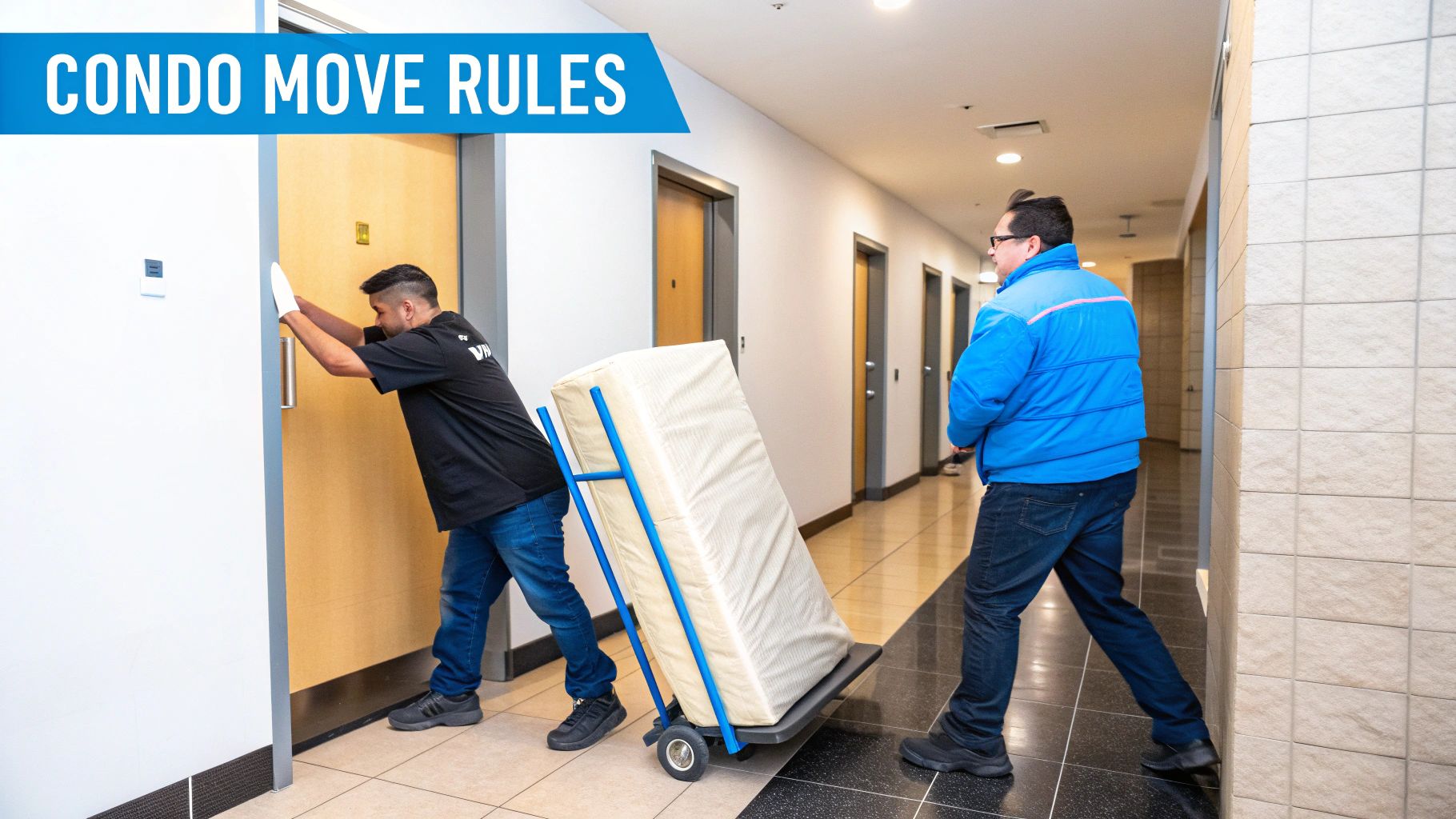 Two movers transport a mattress on a dolly down a condo hallway, following move rules.