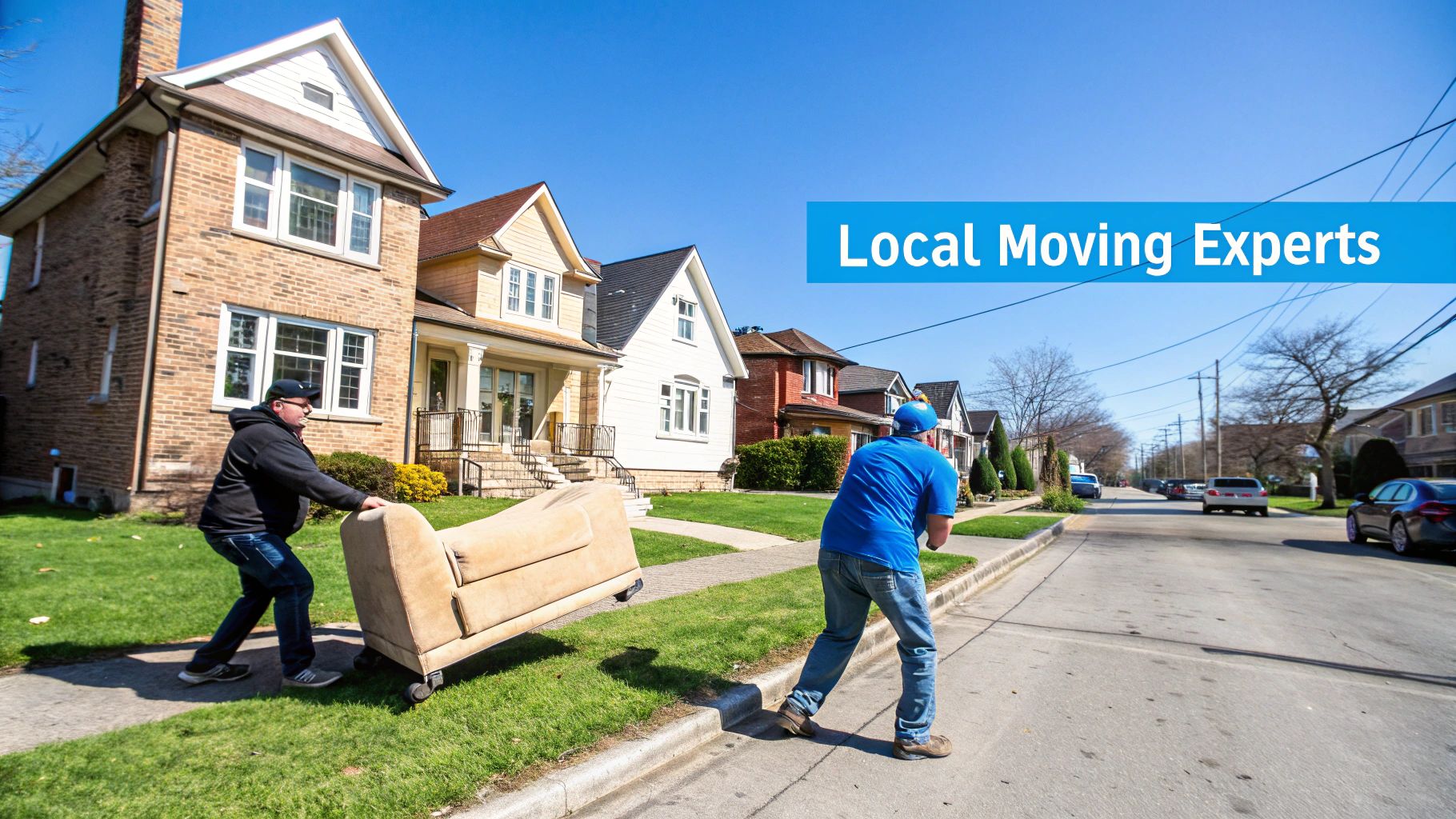 Two men expertly move a beige sofa from a house to a residential street, showcasing local moving services.