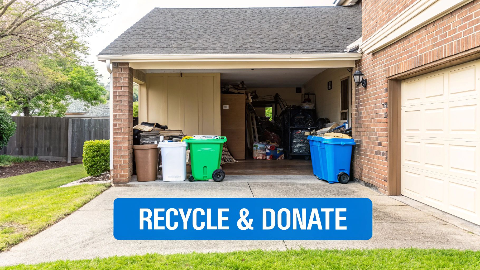 A cluttered garage with recycling bins and a 'RECYCLE & DONATE' sign on a residential driveway.