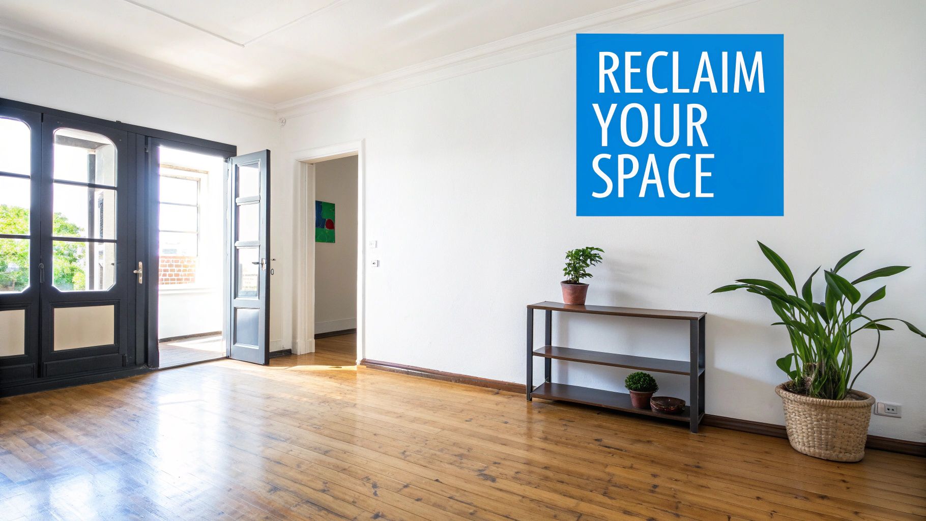 Bright, empty room with wooden floors, white walls, and dark French doors leading to a balcony. A blue sign says 'RECLAIM YOUR SPACE'.