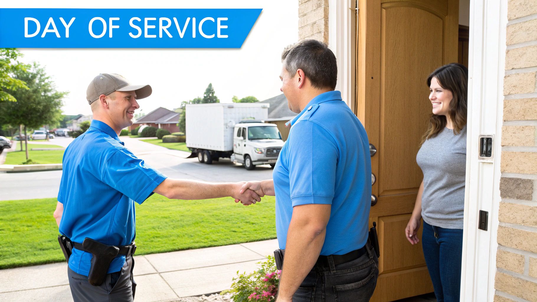 Two smiling men in blue shirts shake hands at a doorstep on a day of service.